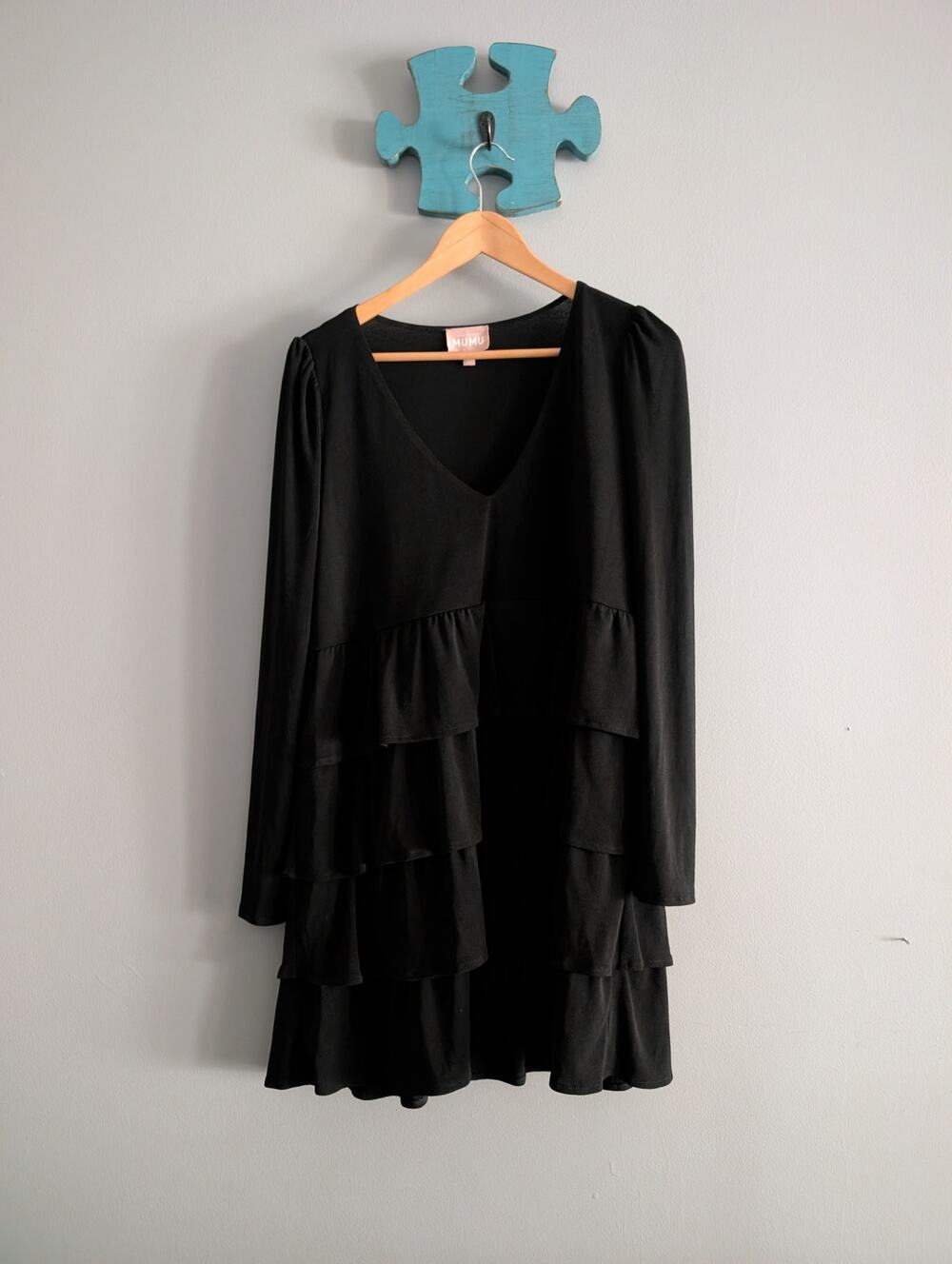 Show Me Your Mumu Black Tiered Ruffle Mini Dress L Long Sleeve Boho